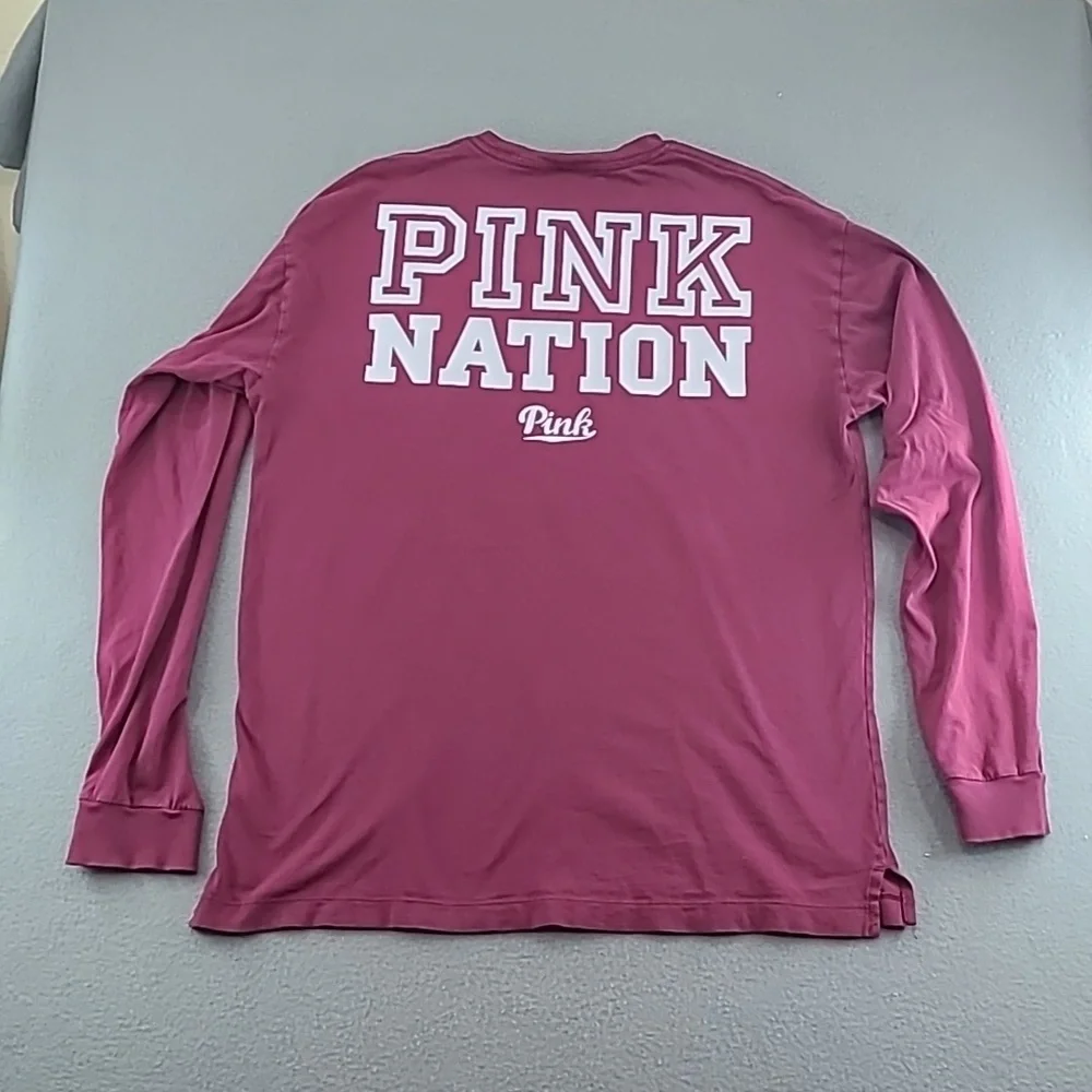 PINK Victoria's Secret Long Sleeve Pink Nation Maroon Tee Shirt - Size Small - Picture 3 of 11